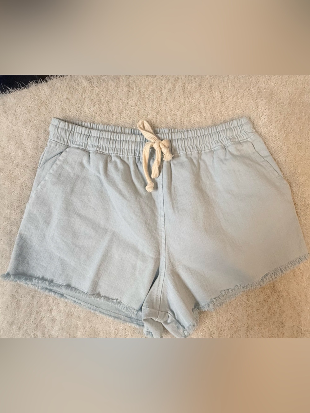 Double Zero Light Blue Drawstring Frayed Hem Athletic Shorts